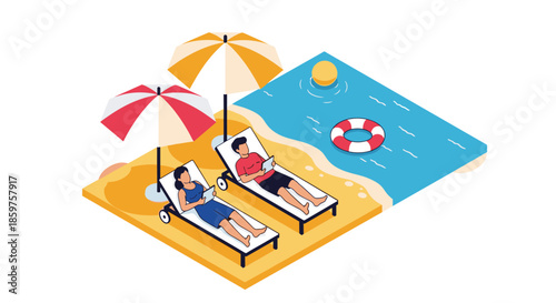 Isometric illustration of a couple relaxing on beach chairs under umbrellas by the sea during their summer vacation.