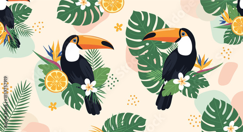 Seamless tropical pattern with toucan birds exotic flowers and monstera leaves perfect for summer-themed fabric or wallpaper.