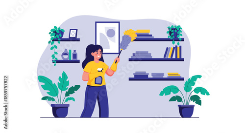 Smiling woman cleaning her house by dusting shelves with a feather duster representing housekeeping and domestic chores.