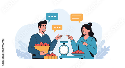 Man and woman at a farmers market discussing the price and quality of fresh apples with a weight scale between them.