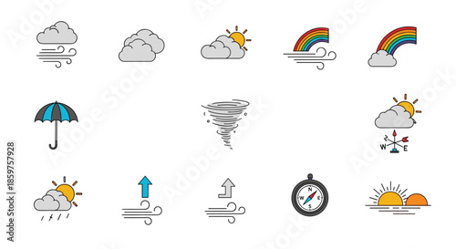 Collection of colorful weather forecast icons including sun clouds wind rain a rainbow and other meteorological symbols.