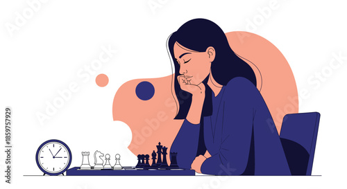 Young woman concentrating deeply on a game of chess with a chess clock beside her representing strategy and intellectual challenge.