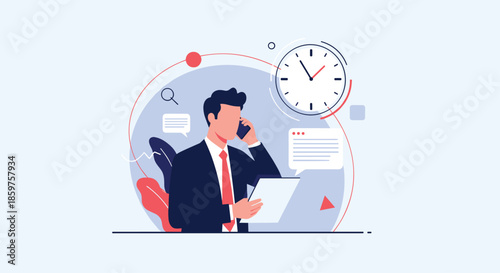 Busy businessman talking on the phone while checking documents with a clock in the background symbolizing effective time management.