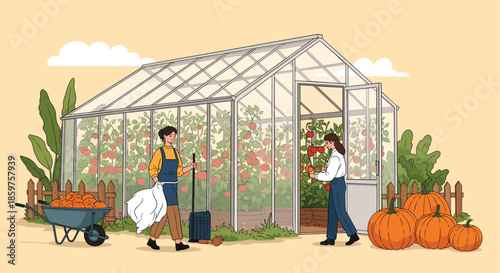 Two people harvesting ripe tomatoes and pumpkins from a large greenhouse in their garden during the autumn harvest season.