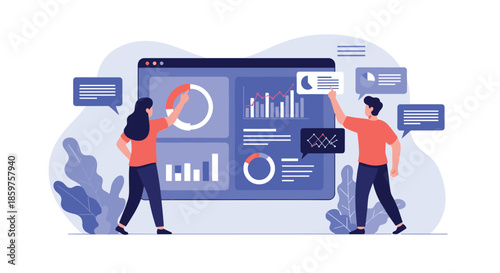 Man and woman analyzing data on a large interactive dashboard with various charts and graphs for business intelligence.