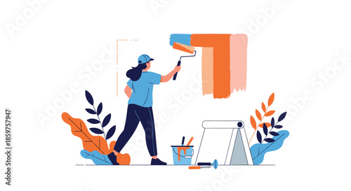 Woman in a cap painting a wall with a paint roller in various shades of orange as part of a home renovation project.
