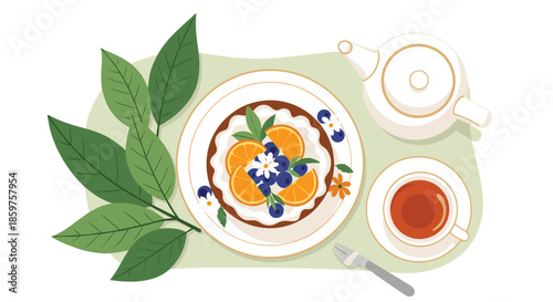 Top-down view of a delicious fruit tart with a teapot and a cup of tea on a table with green leaves.