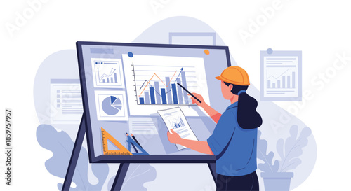 Female engineer in a hard hat analyzing construction project data with charts and graphs on a large digital drawing board.