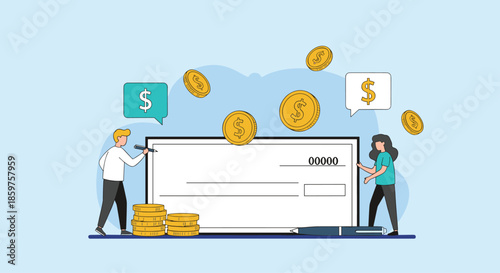 Man and woman signing a large bank check with floating coins and money symbols representing payment salary or financial transactions.