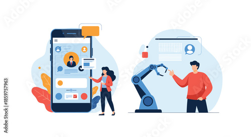 Set of illustrations showing a woman managing a user profile on a smartphone and a man interacting with a robotic arm.