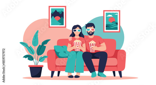 Young couple wearing 3D glasses and eating popcorn while watching a movie together on a cozy sofa in their living room.