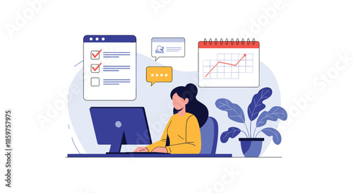 Businesswoman at her desk managing tasks on her computer with a to-do list a calendar and communication bubbles on screen.