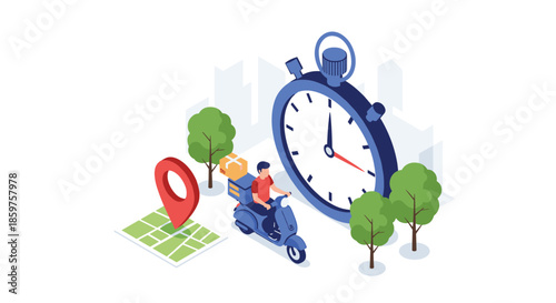 Isometric illustration of a fast delivery service with a courier on a scooter a map location pin and a large stopwatch.