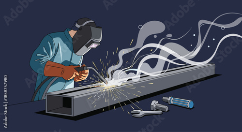 Professional welder wearing a protective mask and gloves welding a metal beam with bright sparks and smoke in a workshop.