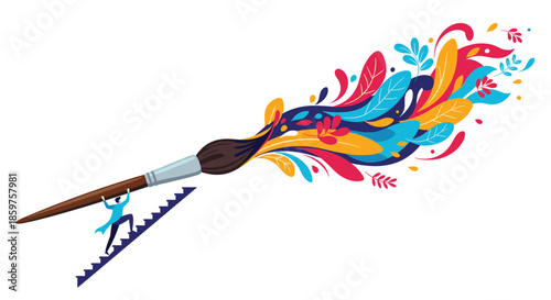 Two tiny people climbing a ladder on a giant paintbrush that is creating a vibrant and colorful splash of abstract art.