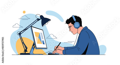 Young male designer with headphones working on a graphic design project using a digital tablet and computer in his workspace.