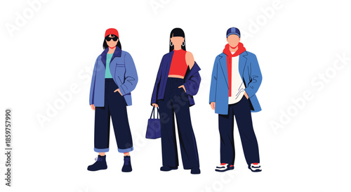 Group of three stylish young people two women and one man wearing trendy modern street fashion outfits and accessories.