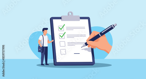 A man looks on as a giant hand with a pen signs a large clipboard checklist with completed tasks and a signature line.