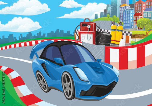 Cartoon scene with racing car on the track sports car near the city illustration for children