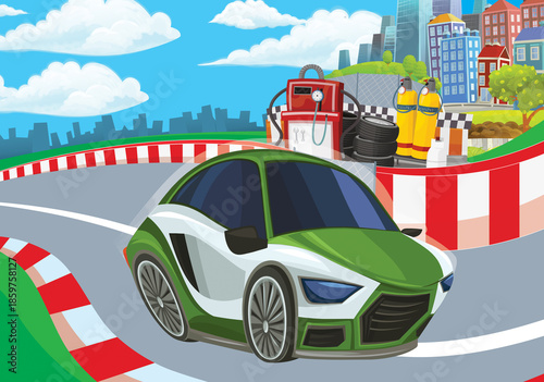 Cartoon scene with racing car on the track sports car near the city illustration for children