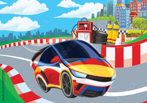 Cartoon scene with racing car on the track sports car near the city illustration for children