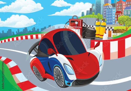 Cartoon scene with racing car on the track sports car near the city illustration for children