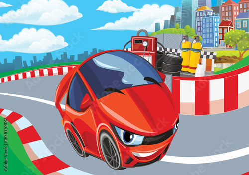 Cartoon scene with racing car on the track sports car near the city illustration for children