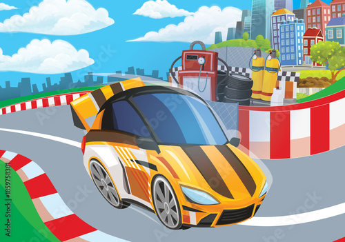 Cartoon scene with racing car on the track sports car near the city illustration for children