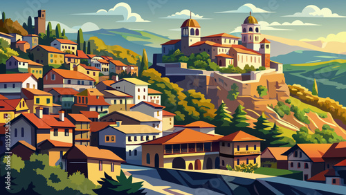 Very beautiful view of Tsarevets Old Town in Veliko Tarnovo, Bulgaria, showcasing medieval fortifications, historic rooftops, and dramatic hilltop scenery.