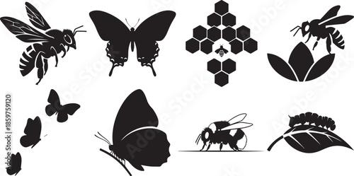 Insects and bugs silhouette collection with honey bees butterflies caterpillar and honeycomb icons