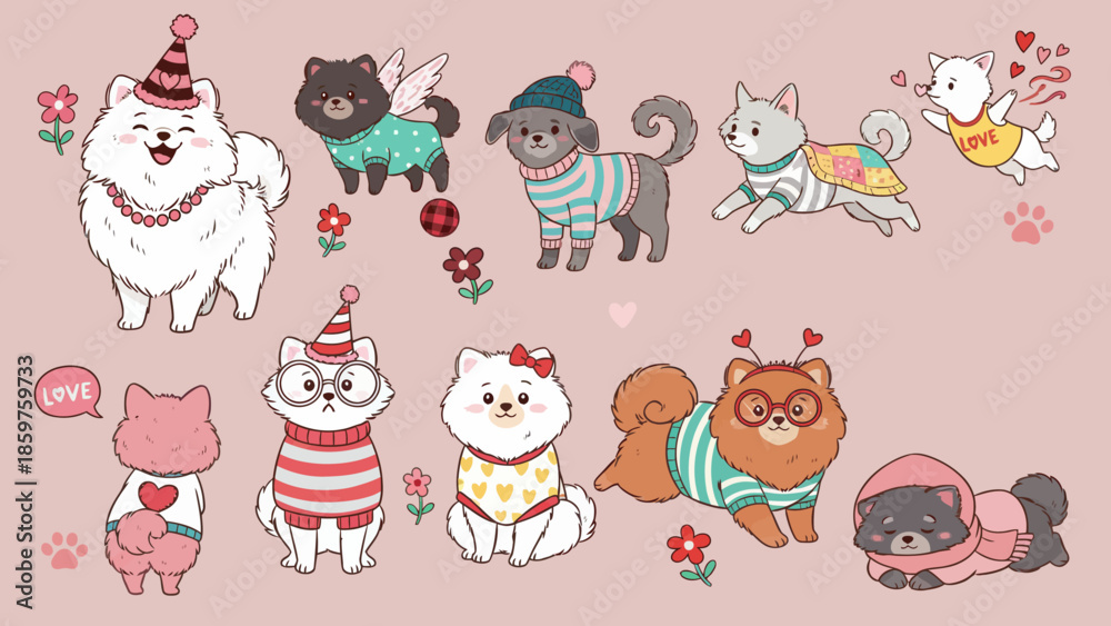 Fototapeta premium Adorable Fluffy Pomeranian Dog Illustrations with Heart and Floral Accents
