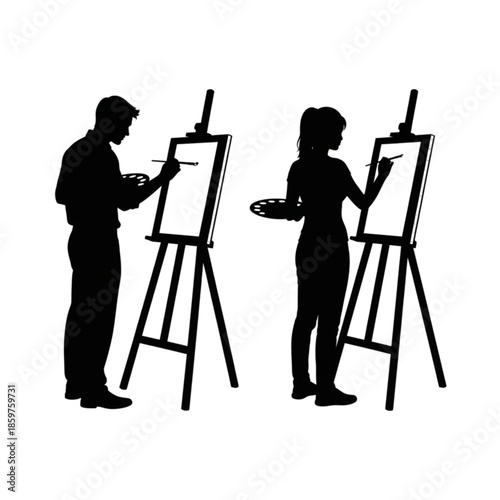 Silhouette of people painting on easels Isolated On Transparent Background.