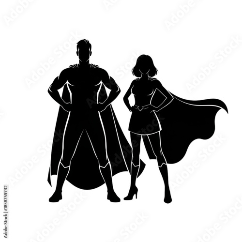 Silhouette of two superheroes standing Isolated On Transparent Background.