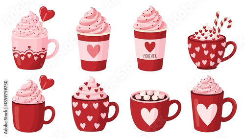 Festive Valentine's Day Drinks with Heart Decorations in Red Mugs