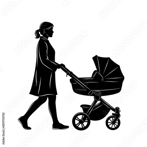 Woman pushing baby stroller outside walking Isolated On Transparent Background.