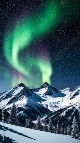 Night sky view over snow covered mountains with vibrant green aurora borealis display
