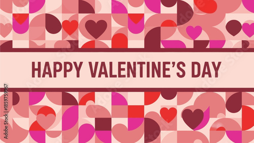 Happy Valentine's Day" banner with modern abstract geometric pattern featuring hearts in various shades of pink and red, perfect for festive greetings and celebrations