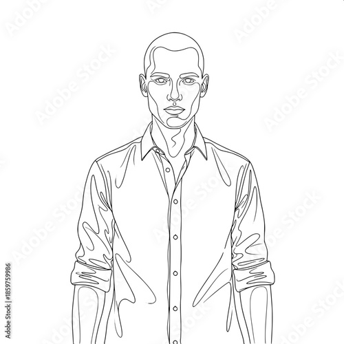 “Minimalist line drawing of a bald man wearing a rolled-sleeve button-down shirt, frontal pose, neutral gray background.”