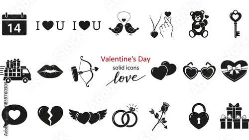 Collection of solid black glyph icons for Valentine's Day, love, and romance. Features romantic symbols, hearts, gifts, and celebration elements for holiday designs
