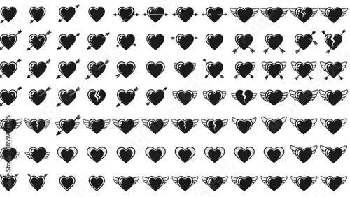 A Comprehensive Set of Diverse Heart Vector Icons, Featuring Themes of Love, Brokenness, Cupid's Arrows, and Angelic Wings for Graphic Design Projects