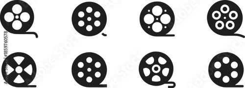 Set of Film Reel Icons Vector Outline Style Tape Cinema Video Entertainment Media Production Movie Theater Isolated on Transparent Background