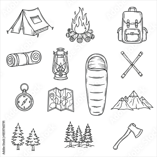 Hand-drawn collection of camping and outdoor adventure icons, including tent, campfire, backpack, sleeping bag, compass, map, lantern, trees, axe, and mountains