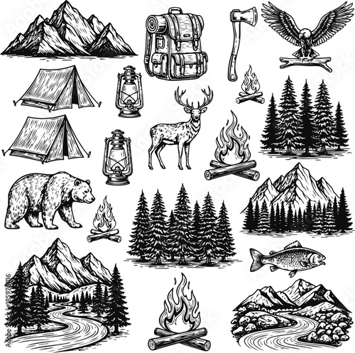 Detailed hand-drawn collection of outdoor adventure and wilderness exploration elements, featuring camping gear, majestic mountains, diverse wildlife, and rustic nature scenes
