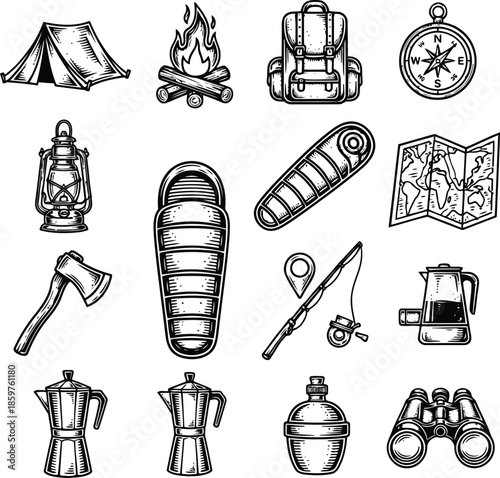 Set of camping and outdoor adventure icons including tent, campfire, backpack, compass, lantern, sleeping bag, map, axe, fishing rod, coffee pot, binoculars, and other equipment for nature exploration