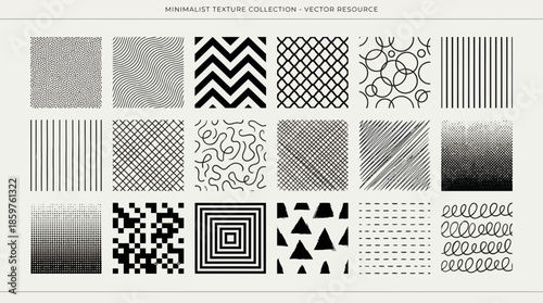 Abstract minimalist texture collection featuring geometric patterns, line art, halftone effects, and simple shapes, perfect for modern backgrounds and graphic design projects
