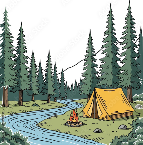 Vibrant illustration of a camping scene with a yellow tent and a campfire beside a flowing river surrounded by tall pine trees