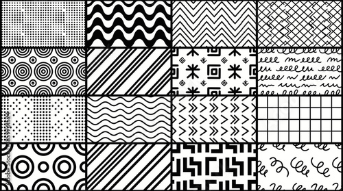 Dynamic background featuring a seamless collection of minimalist black and white patterns, perfect for modern graphic design and abstract textile prints