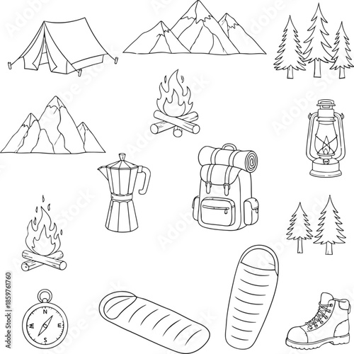 Collection of hand-drawn camping and outdoor adventure icons featuring tents, backpacks, sleeping bags, and lanterns for nature enthusiasts