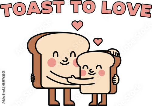 Cartoon bread slices showing affection together with loving gesture and hearts illustration