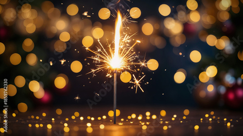 A sparkler ignites in a festive setting, surrounded by colorful bokeh bright lights